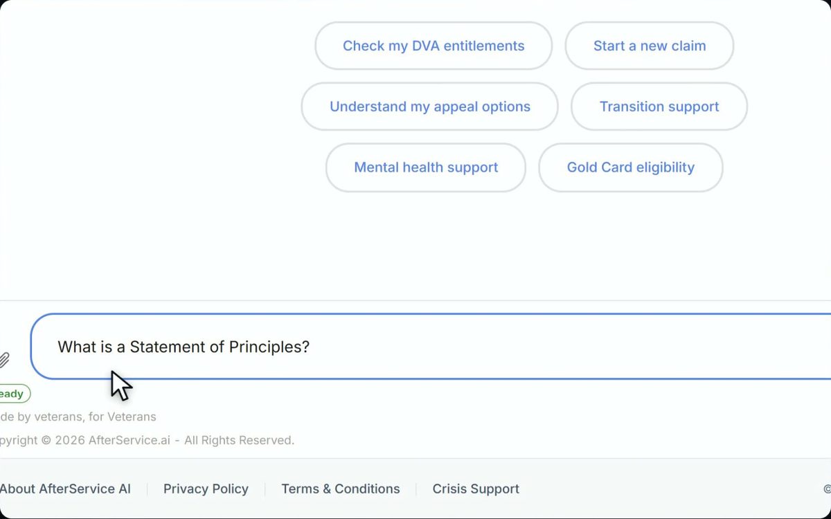The assistant with a question typed into the message box, above six suggested topics