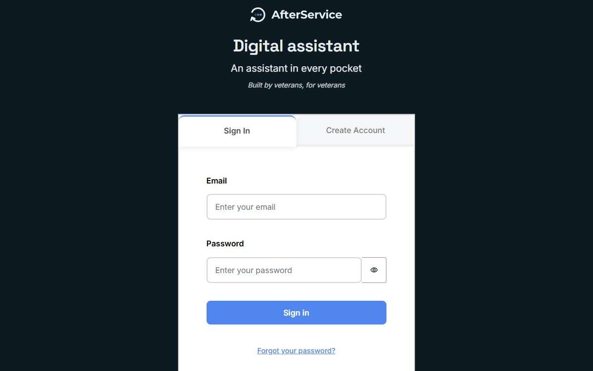 The AfterService sign-in page: email, password and a Sign in button